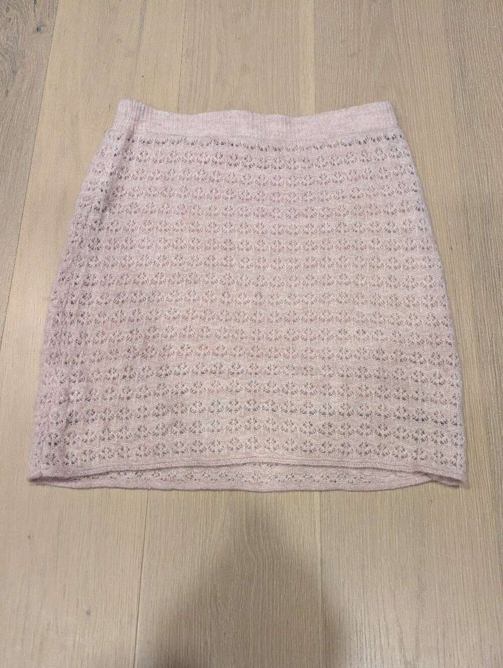 Light Pink Knit Lace-Pattern Mini Skirt